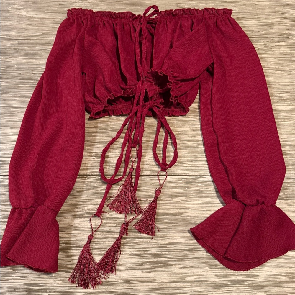 Deep Red 3/4 Sleeve Crop Blouse with Tie Front and Ruffled Details